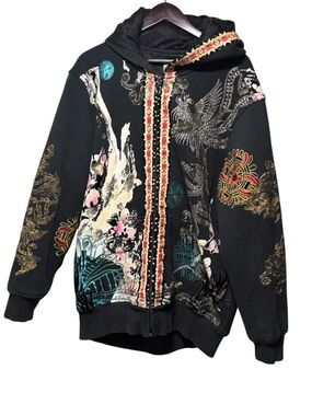 Black Printed Zip-Up Hoodie with Embroidered Detail